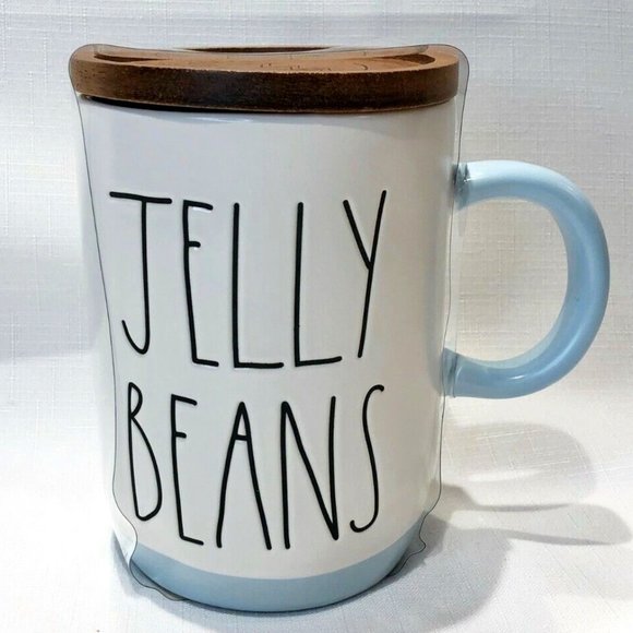 Rae Dunn Other - Rae Dunn “Jelly Beans” Coffee Mug Light Blue Wood Lid Topper Beautiful